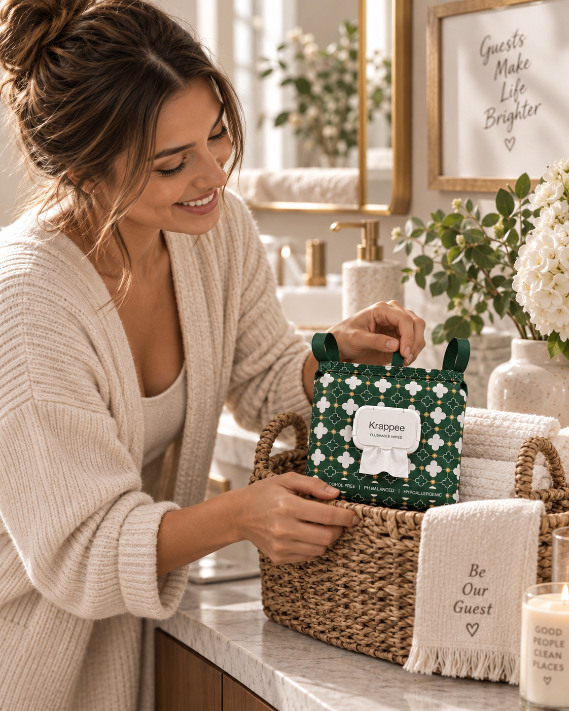 Emerald clover Krappee™ pack styled in a guest bathroom basket