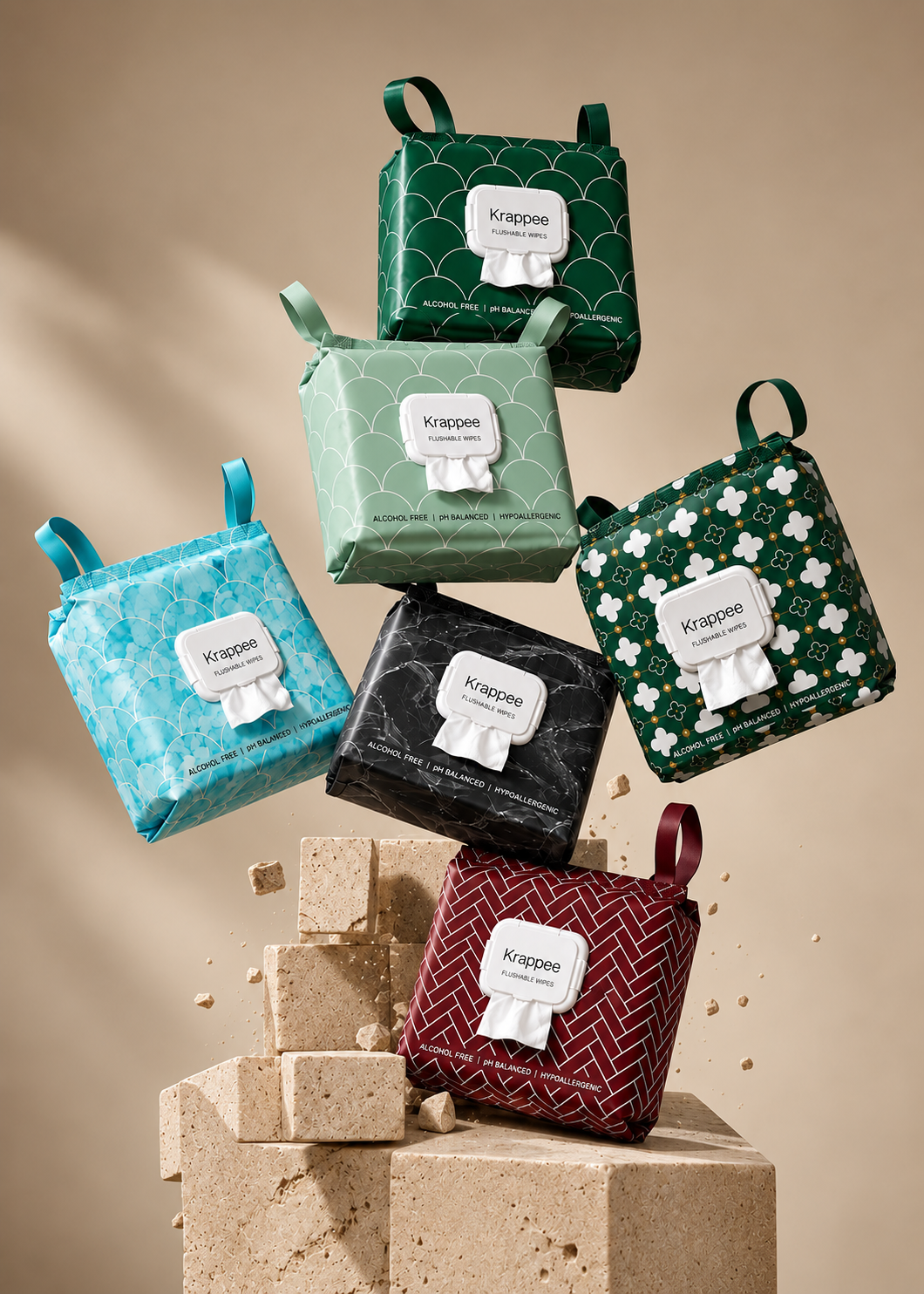 Six Krappee™ designer flushable wipe packs arranged on warm travertine stone