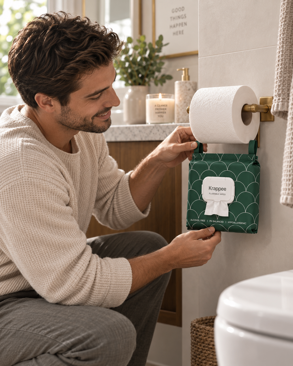 Emerald scallop Krappee™ pack hanging beside a toilet roll holder